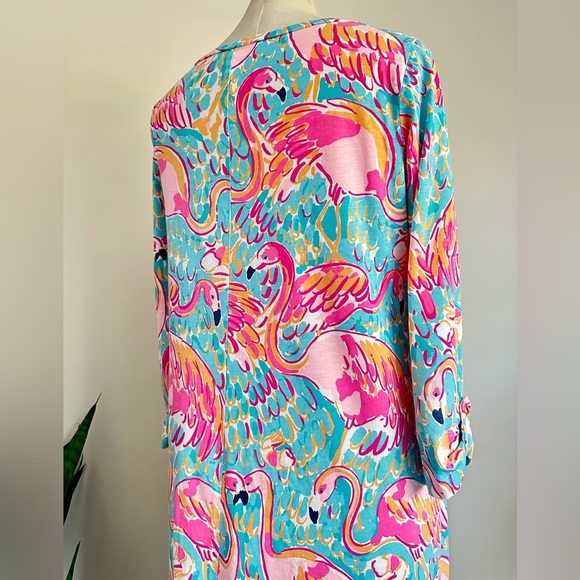 Lilly Pulitzer SWEET FLAMINGO Shift Dress Pima Cotton Tropical sz Sm 3/4 Sleeve - Picture 6 of 7